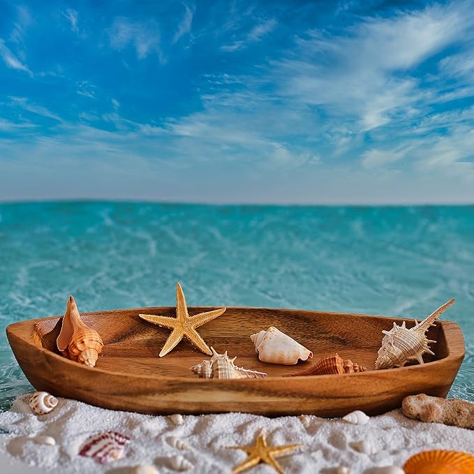 Lucky Boat Serving Tray, Acacia Solid Wood Interesting Shape Plate for Serving Desserts, Fruit, Snack and House Ornament,Key Tray,Functional and Storage Decorative Bowl。(M)