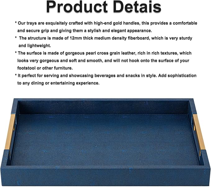 Navy Blue Faux Leather Serving Tray with Handles – Large Decorative Tray for Coffee Table, Ottoman, Living Room, Bathroom – Home Decor