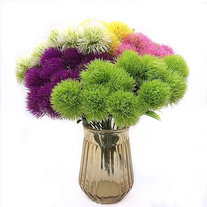 CATTREE Artificial Dandelion Flowers 5 Color x 2pcs Purple Pink White Green Yellow - Total 10 Pcs. Plastic Plants Shrubs Bushes Fake Grass Wedding Indoor Outdoor Home Garden Decoration Planter Filler