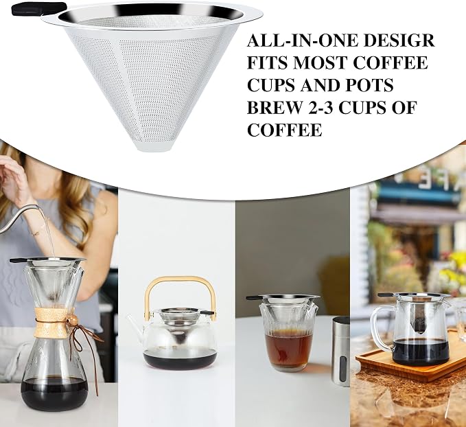Pour Over Coffee Dripper Slow Drip Paperless Coffee Filter, Double Mesh Stainless Steel Pour Over Coffee Maker for Single Cup Brew Reusable Cone Filter, Coffee Drip Cone, Fine Mesh Strainer(3-4 Cup)