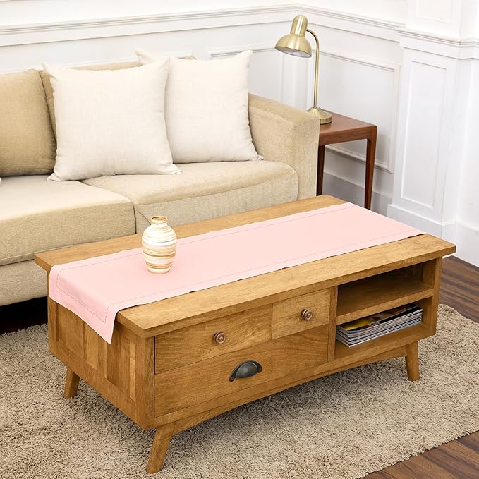 Solino Home Pink Hemstitch Table Runner 48 Inches - Cotton Linen Small Table Runner 14 x 48 Inch Ideal for Dresser and Coffee Tables - Spring, Summer