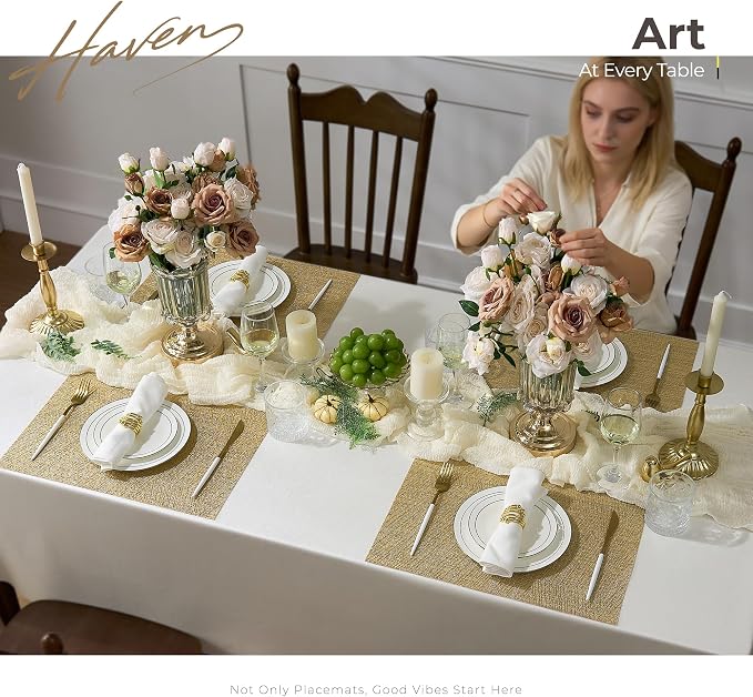 Leetaltree Gold Placemats Set of 4 - Heat Resistant Non-Slip Place mats for Dining Table, Washable Durable PVC Vinyl Woven Table Mats(Luxury Gold, 4)