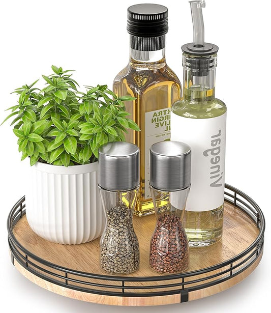 10" Lazy Susan Oak Wood Turntable Organizer for Cabinet, Round Wooden Farmhouse Lazy Susan Organization and Storage for Dining Table, Pantry, Kitchen, Countertop, Cupboard,Home Decor