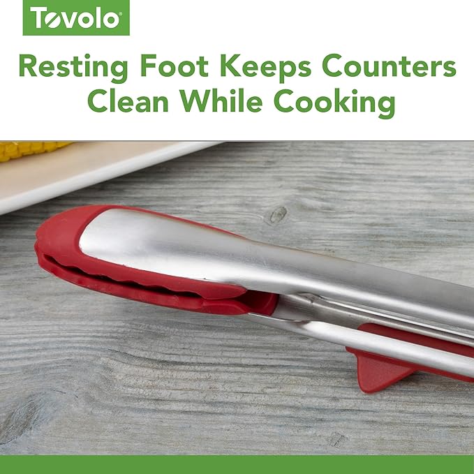 Tovolo Tongs With Silicone Tips Easy Grip 13” Long Kitchen Tongs Stainless Steel Handle For Cooking, Non Scratch Heat Resistant Locking Tongs Silicone Tipped Dishwasher Safe BPA Free, Cayenne Red