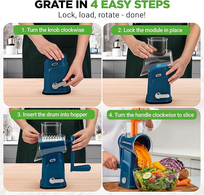 NutriChef 5 in 1 Cheese Grater & Shredder | 5 Different Blades for Thin, Thick, Julienne Strips, Wavy, & Straight Strips | Includes Hand Crank, Strong Suction Base & Storage Container | Blue