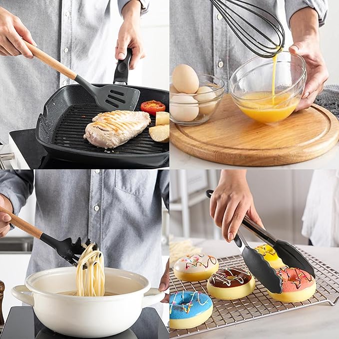 Kitchen Utensils Set,Kitchen Cooking Utensils Set,Spoon,Spatula,446℉ Heat Resistant 12-pcs Non-stick Food Grade Silicone and Wooden Handles,Kitchen Tools Set(Black)