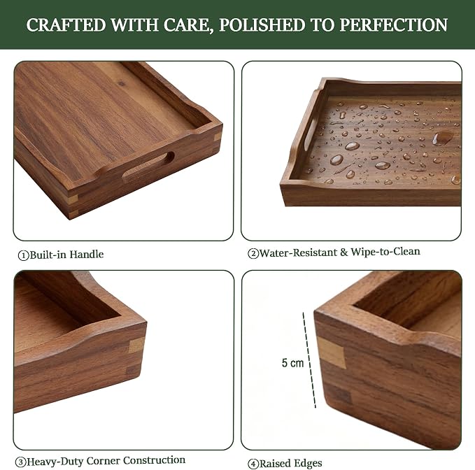 Acacia Wood Serving Tray with Handles, Rectangular Wooden Ottoman Tray for Coffee Table, Breakfast in Bed, Drinks, Kitchen Countertop and Home Decor