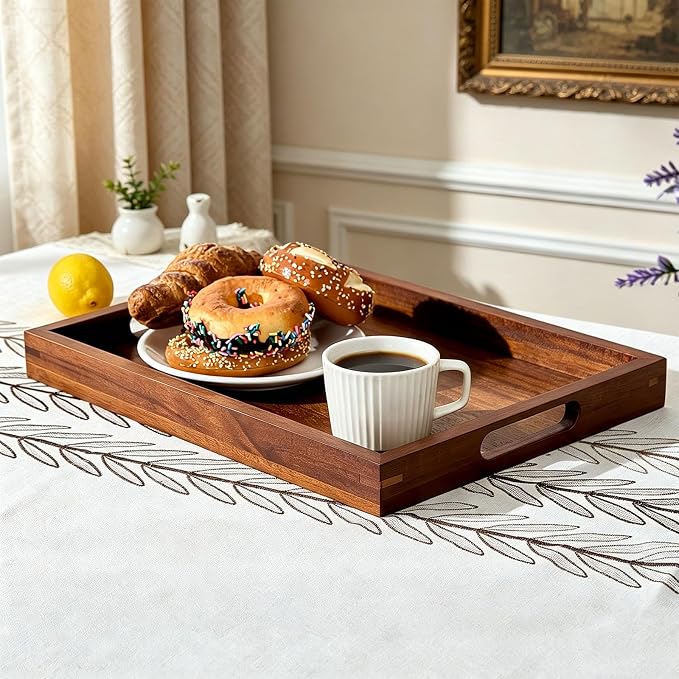 Acacia Wood Serving Trays Set of 2, 17x13 & 16x12 inch Rectangular Ottoman Trays, Decorative Wooden Trays with Handles for Food, Coffee, Tea, Living Room, Kitchen(2 Pack, Brown, 17"+16")