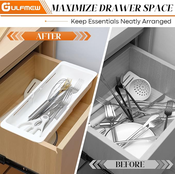 2 Pack Deep Drawer Organizer Bins, Sliding Drawer Organizer Bin Expandable and Adjustable Tray for Kitchen Utensils, BBQ Tools, Towels, Durable Plastic Sliding for Easy Storage(12.4-17.7")