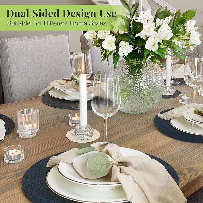 13-Inch Faux Leather Round Placemats Set of 12, Waterproof Anti-Slip Dual Sided Place mats, Heat Resistant Washable Table Mats with Coaster, Suitable for Indoor & Outdoor (12, Black Navy Blue)