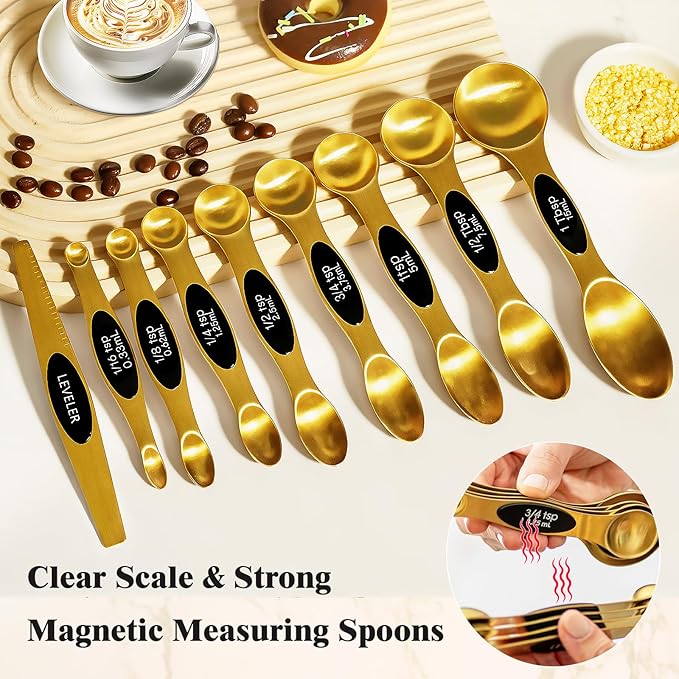13pcs Gold Stainless Steel Measuring Cups and Spoons Set, Including 8 Double-Sided Magnetic Measuring Spoons Set & 1 Leveler, 4 Metal Measuring Cups, Kitchen Accessroies for Cooking & Baking