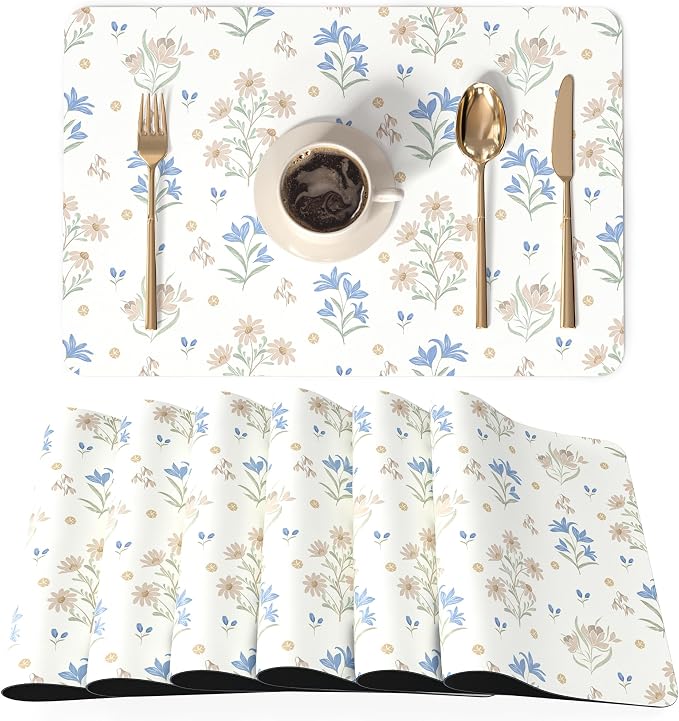 QiyI Placemats Set of 6, 12x18 Inch Faux Leather Place Mats for Kitchen Dinning, Heat Resistant Anti Slip Floral Table Mats, Waterproof Wipeable Washable Placemat Party Table Décor, Minimal Flowers