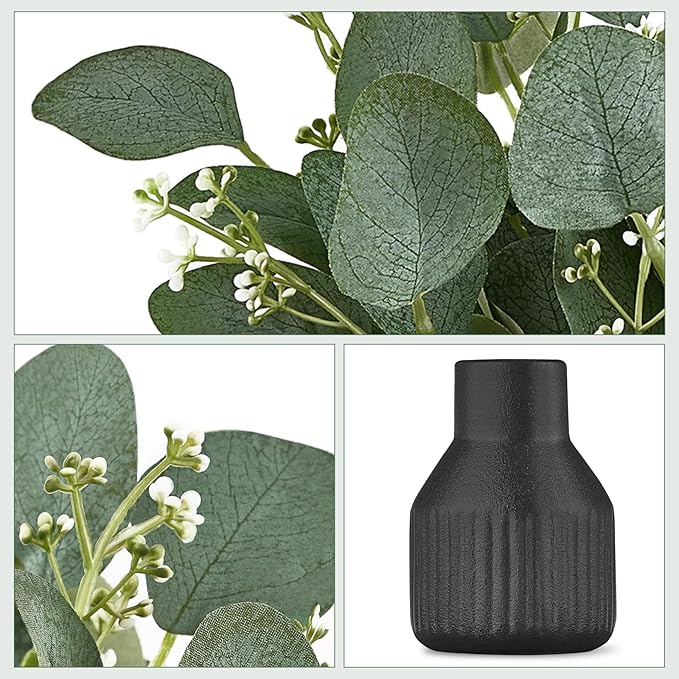 Dahey Artificial Eucalyptus Stems in Small Ceramic Vase Centerpiece Table Decorations Modern Farmhouse Decor Fake Eucalyptus Plants with Vase for Bathroom Kitchen Shelf Living Room Home Decor, Black