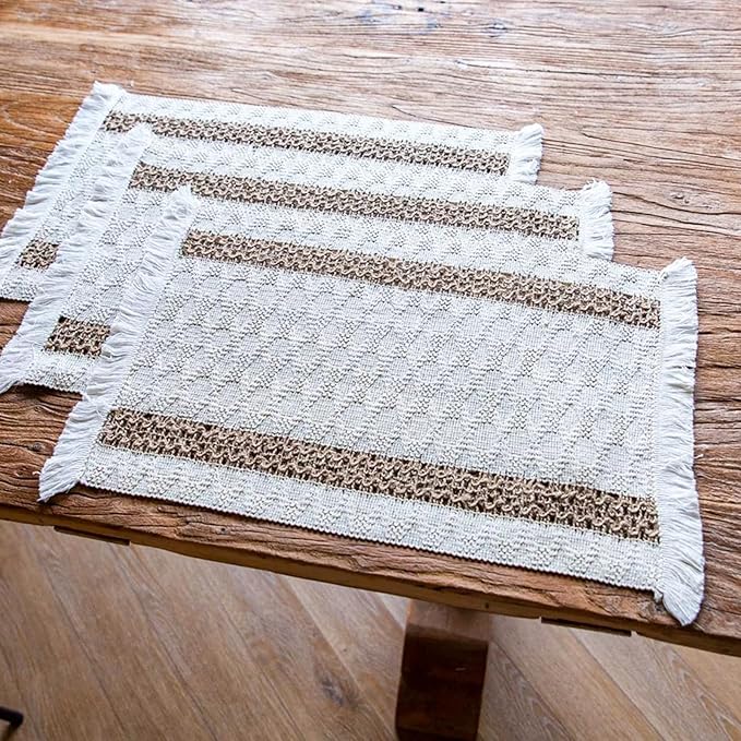Niviy Boho Placemats Set of 8, 12x18 Inch Natural Cotton Burlap and Kitchen Woven Placemats with Tassels for Dining Table Centerpiece Thanksgiving Home Decorations
