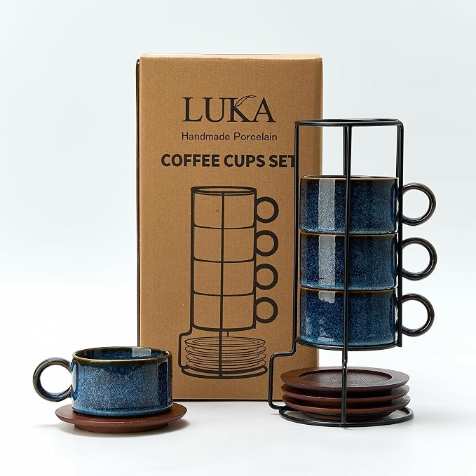LUKA 6 Ounce Porcelain Stackable Espresso Cups with Saucers and Metal Stand Set of 4, Ceramic Cappuccino Cups Set for Specialty Coffee Drinks, Latte, Cafe Mocha and Tea, Reactive Blue