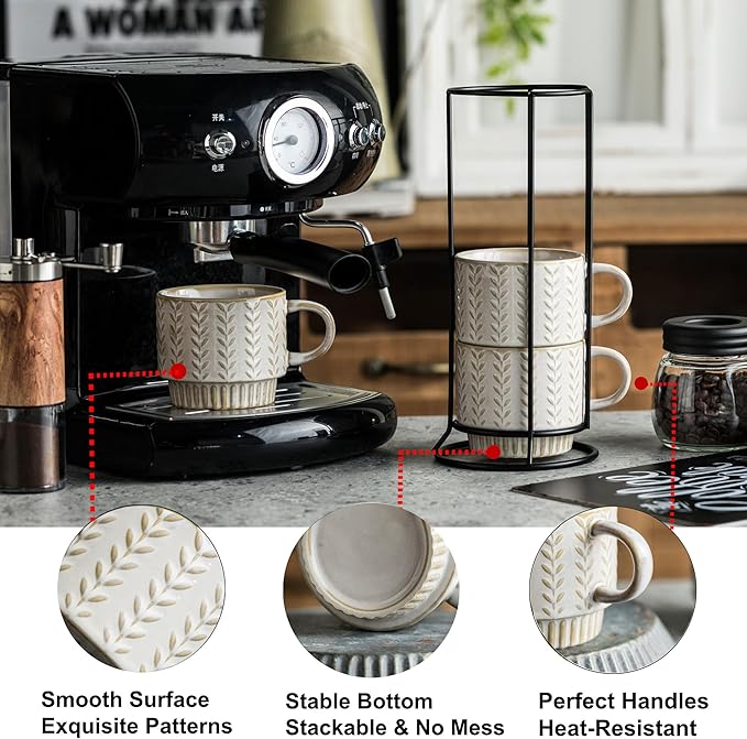 Miamolo Coffee Mugs Set of 4 with Spoons & Stand, Stackable Espresso Cups 13oz Coffee Mug for Drinks Latte Cappuccino Tea, Coffee Cup for Women Men Couples Housewarming Birthday Gift, Dishwasher Safe