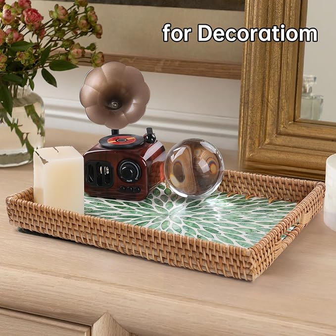 Rectangle Rattan Tray with Mother of Pearl Inlay, Rattan Serving Tray with Handle for Coffee, Bread, Fruits, Snacks, Decorative Wicker Tray for Table Decor (Rectangle Green Leaf, 13"×9")