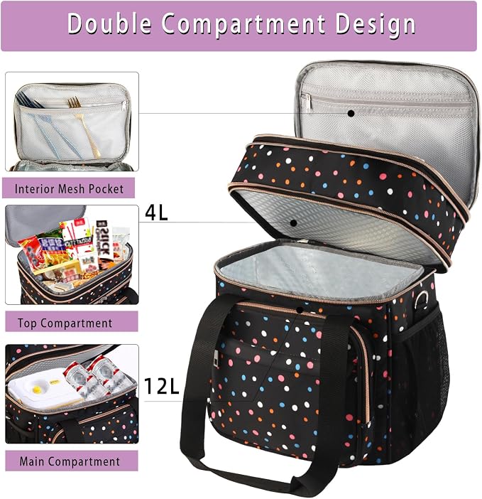GLENKEY Tactical Lunch Box Cooler Bag - Expandable Insulated Lunch Bag for Men Women - Large Lunchbox for Adults Work Shifts Outdoor Trips Polka Dots 16L