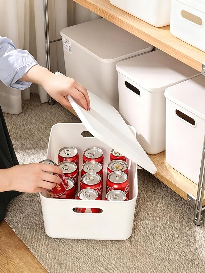 Ytteve 6 Pack White Stackable Plastic Storage Bins with Lids & Handles, Durable - 4 Large (14.4"x10.2"x6.3") & 2 Medium (11.8"x8"x4.7"), Multi-size for Closet, Shelves, Drawers, Home & Office