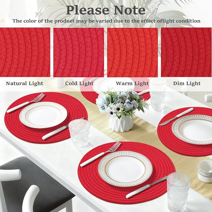 Round Placemats Set of 6, Cotton Rope Woven Table Mats, Hot Pads for Kitchen, Non Slip Heat Resistant Place Mats, 13 Inches Braided Placemat for Farmhouse Decor and Kitchen Table Decor (Red)