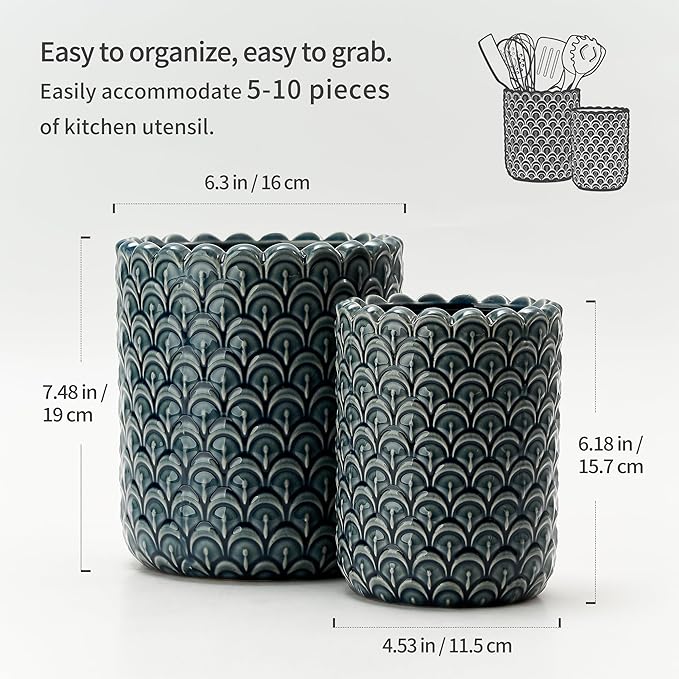 JIEMEI HOME Kitchen Utensil Holder, Large 7.5"+6.2" Petal Ceramic Utensil Crock for Countertop, Utensil Holder with Cork Mat, Morden Utensil Organizer for Spatula, Kitchen Decor, Set of 2- Blue