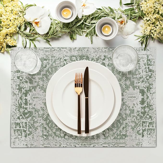 Gray Sage Green Boho Placemats Set of 6 Ethnic Bohemian Carpet Place Mats Washable Kitchen Dining Vintage Grey Geography Floral Linen Table Mats Stain Heat-Resistant for Home Party Indoor 12x18 in