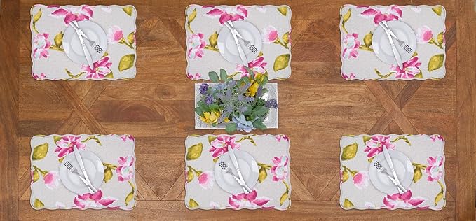 C&F Home Nylah Floral Vintage 100% Cotton Quilted Set of 6 Placemats 13" x 19" Versatile Spring Springtime Summer Kitchen Dining Dinner Table Tabletop Scalloped Machine Wash Reversible Decor