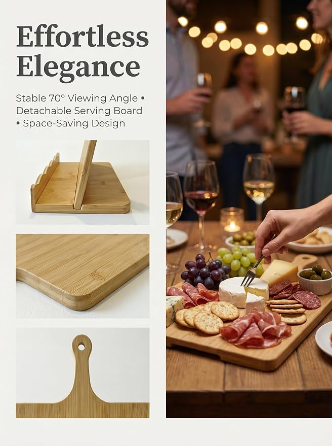 Bamboo Cookbook Stand for Kitchen Counter 15.7"x11.8" with Handle, 2-Piece Scalloped Recipe Book Holder with Removable Charcuterie Board, Rustic Kitchen Decor, Gift-Ready Wood Recipe Card Display