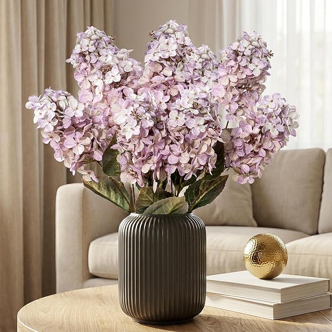 Ttranewsoo Fake Hydrangea Silk Flowers with Stems,Faux Hydrangea Artificial Flowers Purple for Home Wedding,Dried Hydrangea Artificial Flowers Bouquet Vase Decor 24"（Light Purple ） 8pcs No Vase
