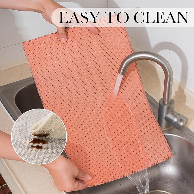 BACKTOEDEN Placemats Set of 6 Heat Resistant Washable Wipeable Placemat Woven Non-Slip Foldable Vinyl/Plastic Place Mats Indoor/Outdoor Mat Kitchen Dining Table Pad, Orange Twill