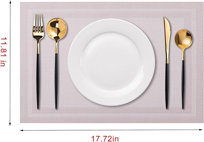 CADONO Placemats Set of 6 Washable Indoor/Outdoor Vinyl Place Mats for Dining Table Durable Non-Slip Heat Resistant PVC Weave Table Mats（Simple Style-Silver-Gray）