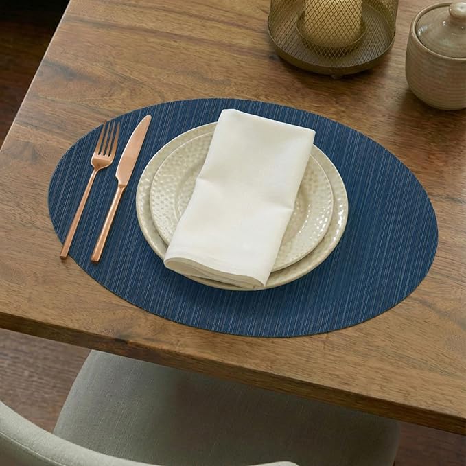 AHHFSMEI Oval Placemats Set of 6 Woven Vinyl Non-Slip Heat Resistant Stain Resistant Easy Clean Place mats for Dining Table(Blue)