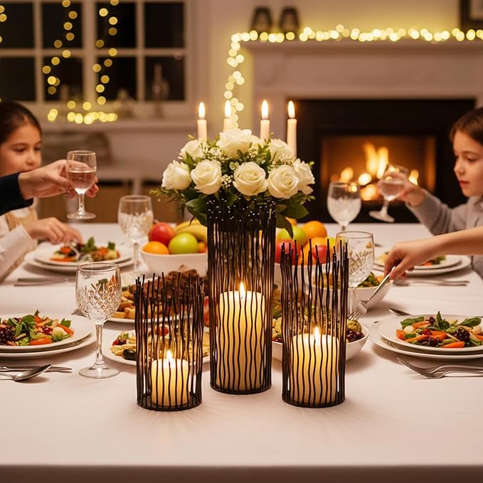 Metal Candle Holders for Pillar Candles - Creative Wire Candle Holder Set of 3 for Fireplace Mantel, Black Candlestick Holders for Table Centerpieces Halloween Christmas Birthday Party Home Decor