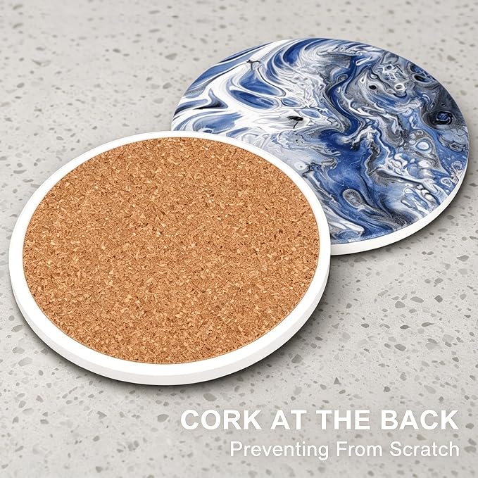 Round Coasters Set of 6 with Holders for Coffee Table Decor Farmhouse Living Room Ceramic Absorbent Coasters for Drinks Beer Wine Bar Modern Marble Coasters