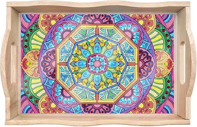 Generic DIY Diamond Serving Tray Rectangular Upgrade Increase Breakfast Tray with Handles Handmade Diamond Art Painting Wooden Tray Dinner Plate for Coffee Living Room Home Organizer-Mandala05