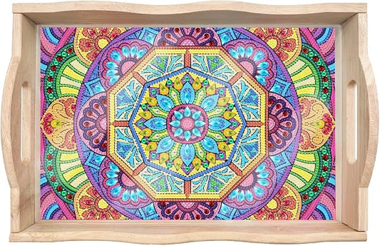 Generic DIY Diamond Serving Tray Rectangular Upgrade Increase Breakfast Tray with Handles Handmade Diamond Art Painting Wooden Tray Dinner Plate for Coffee Living Room Home Organizer-Mandala05
