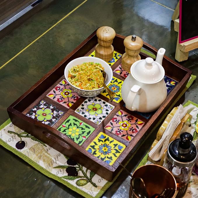 Craft Trade Handcrafted Mango Wood Serving Tray with 12 Floral Ceramic Tiles, Large Rectangular Wooden Platter with Handles for Breakfast & Coffee, 38x30x8 cm