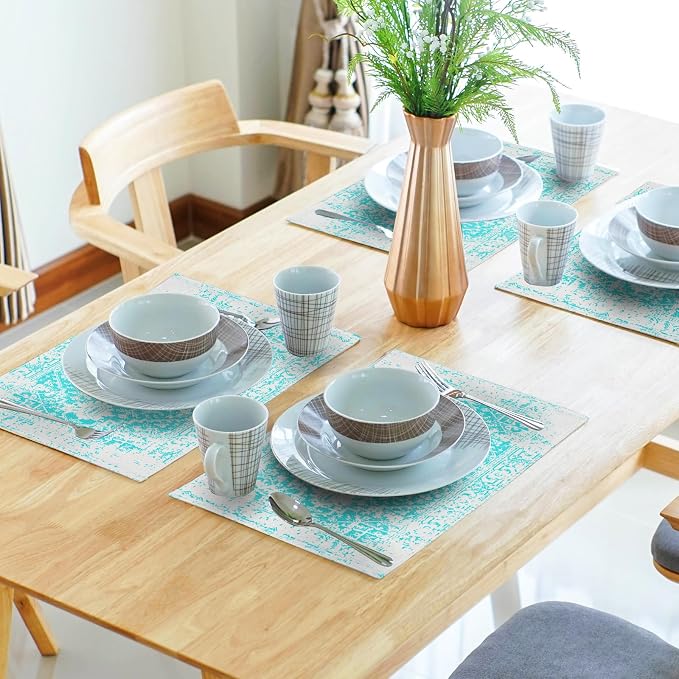 Gray Aqua Turquoise Boho Placemats Set of 6 Ethnic Bohemian Carpet Place Mats Washable Kitchen Dining Vintage Grey Floral Linen Table Mats Stain Heat-Resistant for Home Party Indoor 12x18 in