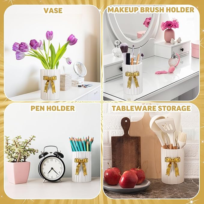 LemonRoad Gold Bow Ceramic Utensil Holder 3D Handmade Gold Kitchen Decor Gifts Cooking Utensil Crock with Scalloped Preppy Caddy Pen Holder Vase Vintage Retro Graduation Gift for College Students