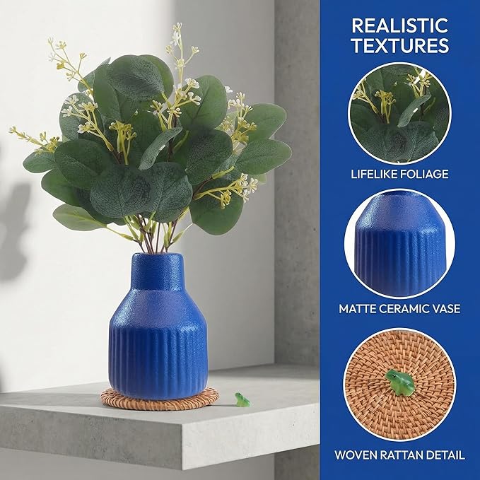 Artificial Eucalyptus Greenery Stems in Ceramic Vase 10Pcs Fake Plants Eucalyptus Leaves for Centerpiece Table Decorations Home Room Decor Office Desk Decor Greenery Decor Indoor (Blue)