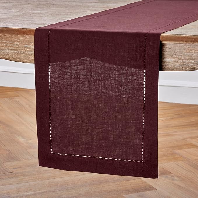 Solino Home Linen Table Runner 48 Inches - 100% Pure Linen Burgundy Hemstitch Table Runner 14 x 48 Inch Ideal for Dresser and Coffee Tables - Classic Hemstitch