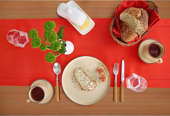 Solino Home Cotton Linen Table Runner 36 Inches - Poppy Red Hemstitch Table Runner 14 x 36 Inch Ideal for Dresser and Coffee Tables, 4th of July
