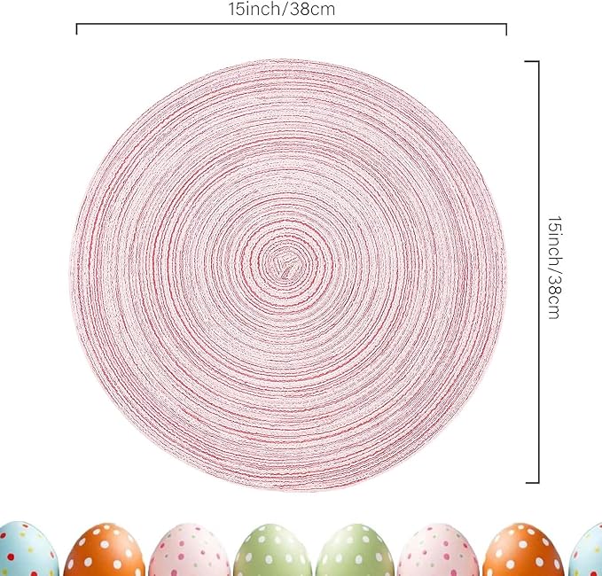 AHHFSMEI Round Braided Placemats Set of 6 Round Table Mats for Dining Tables Natural Woven Heat Resistant Place mats 15 Inch (Pink, 6)