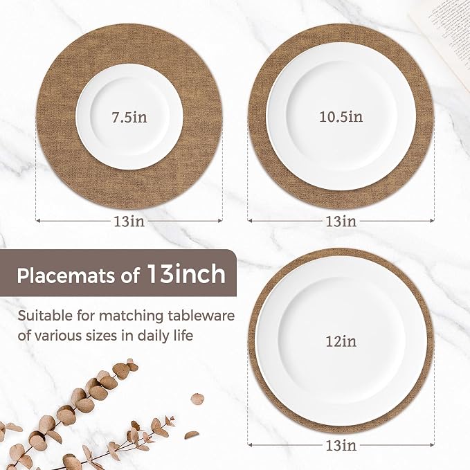 13" Round Placemats Set of 8, Reversible Faux Leather Heat Resistant Table Mats, Waterproof Oilproof Wipeable Table Protective Placemats for Vinyl, Washable for Indoor & Outdoor Use (8, Light Brown)