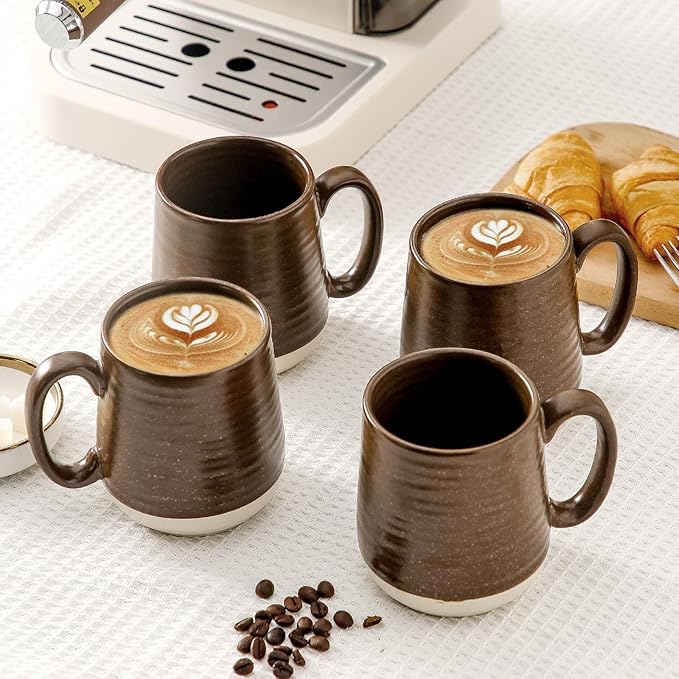 HASENSE Porcelain Coffee Mugs Set of 4-15 Ounce Large Ceramic Coffee Cups Set with Handle for Latte, Tea, Cocoa and Hot Chocolate, Brown Coffee Mugs for Men and Women, Microwave Safe