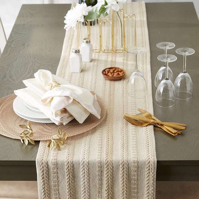 DII Farmhouse Braided Stripe Table Runner Collection, 15x72 (15x77, Fringe Included), Vintage Linen