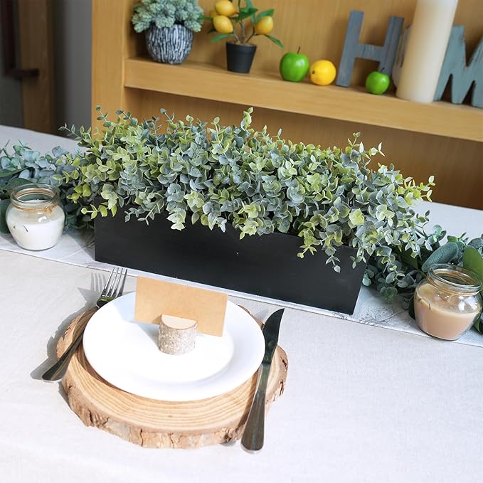 Winlyn 14" Artificial Eucalyptus Arrangement Faux Eucalyptus Plants in Black Rectangular Wooden Planter Box Artificial Potted Plant for Farmhouse Home Wedding Table Centerpiece Shelf Greenery Décor