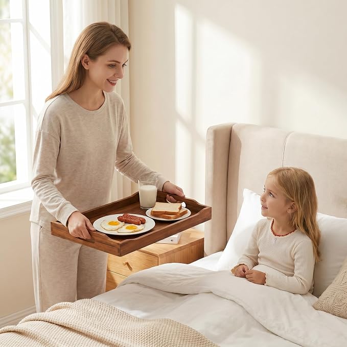 2 Pack Acacia Wood Serving Trays - Rectangular Food-Grade Wooden Trays for Kitchen, Dining, Party, Breakfast, Snack & Decor