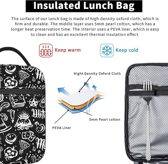 Gianlaima Witchcraft Halloween Skull Maggic Witch Insulated Lunch Box For Women Man, Portable Lunch Bag Reusable Cooler Tote For Office Work Travel Picnic Camping Beach