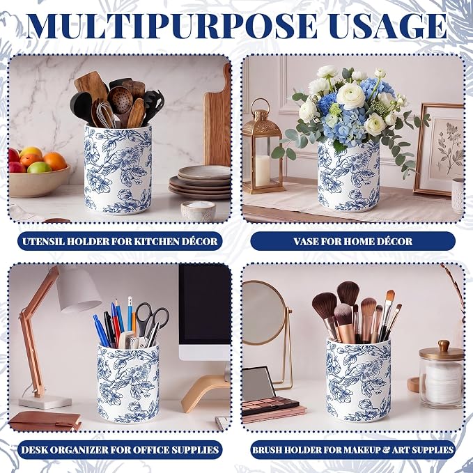 Suclain Blue Floral Ceramic Utensil Holder 6.3 Inch Chinoiserie Vintage Kitchen Crock Blue and White Floral Countertop Storage Organizer for Spatulas and Spoons Home Cooking Unique Gift Idea